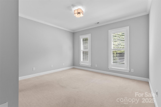 carpeted spare room with crown molding, baseboards, and visible vents