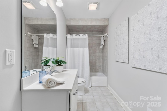 bathroom featuring visible vents, tile patterned flooring, shower / bath combo, vanity, and toilet