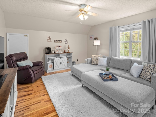 103 Higgins Rd, Fletcher, NC 28732 - living room with light wood finished floors, a textured ceiling, vaulted ceiling, and ceiling fan