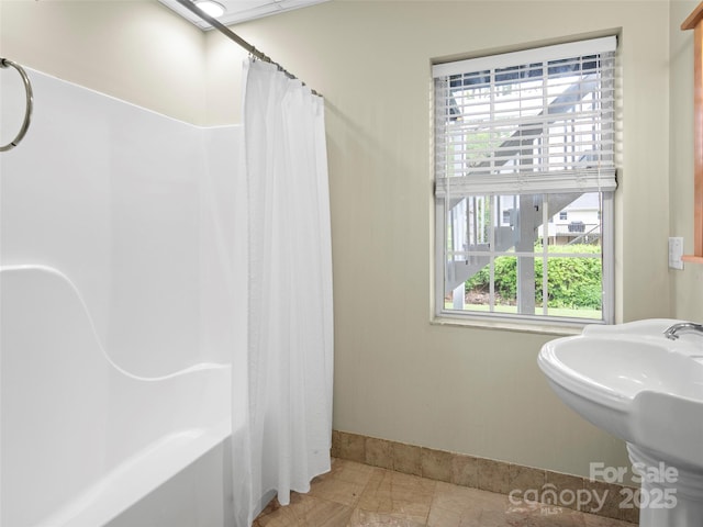 103 Higgins Rd, Fletcher, NC 28732 - full bathroom with a sink, tile patterned flooring, baseboards, and shower / bathtub combination with curtain