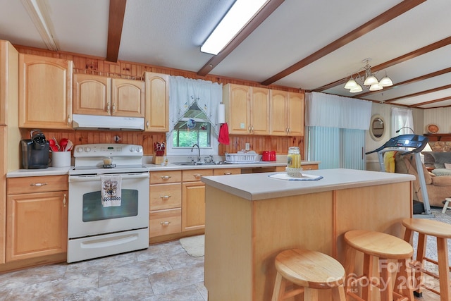 kitchen featuring a sink, light brown cabinets, light countertops, under cabinet range hood, and electric stove