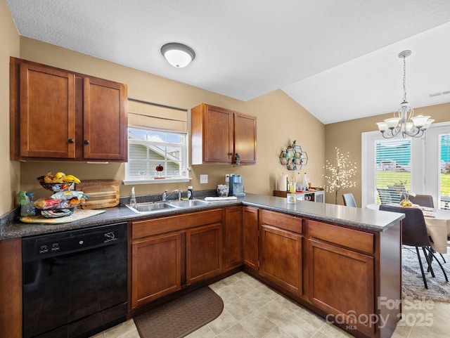 kitchen with a sink, a chandelier, black dishwasher, a peninsula, and a healthy amount of sunlight