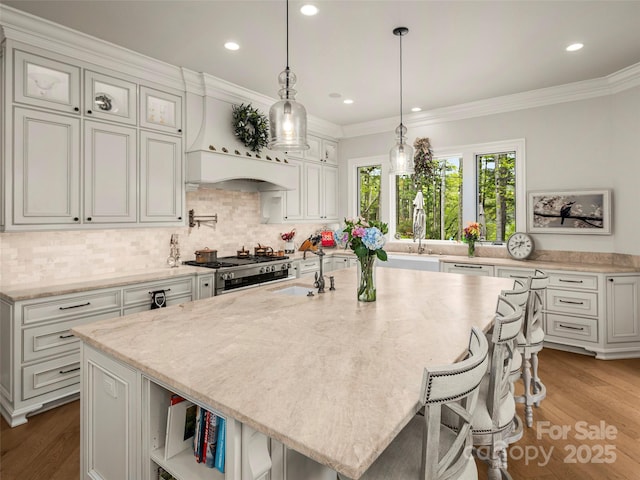 41 Bear Flower Trl, Arden, NC 28704 - kitchen with high end range, open shelves, a breakfast bar, decorative backsplash, and recessed lighting