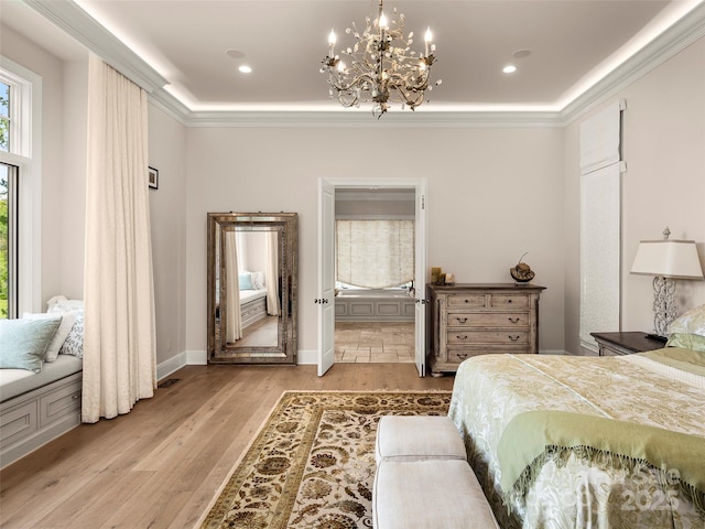 41 Bear Flower Trl, Arden, NC 28704 - bedroom with a chandelier, light wood-type flooring, ornamental molding, baseboards, and recessed lighting