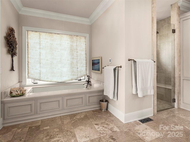 41 Bear Flower Trl, Arden, NC 28704 - full bath with baseboards, a bath, a shower stall, and crown molding