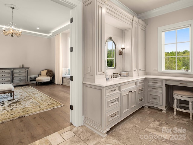 41 Bear Flower Trl, Arden, NC 28704 - bathroom featuring crown molding, vanity, a chandelier, stone tile flooring, and recessed lighting