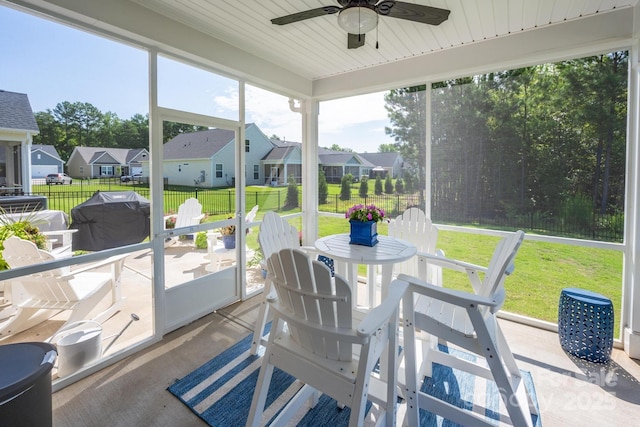 3619 Whitney Way, Terrell, NC 28682 - sunroom / solarium with a residential view, a ceiling fan, and outdoor dining area