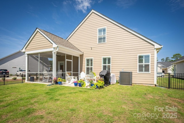 3619 Whitney Way, Terrell, NC 28682 - back of property with a fenced backyard, a sunroom, a lawn, and central AC