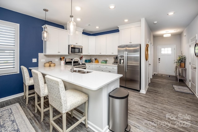 3619 Whitney Way, Terrell, NC 28682 - kitchen featuring a sink, baseboards, a peninsula, dark wood-style floors, and stainless steel appliances