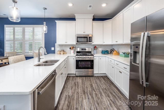 3619 Whitney Way, Terrell, NC 28682 - kitchen featuring dark wood-style flooring, appliances with stainless steel finishes, a sink, light countertops, and a peninsula