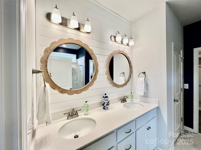 3619 Whitney Way, Terrell, NC 28682 - bathroom with double vanity, wood walls, a sink, and a shower