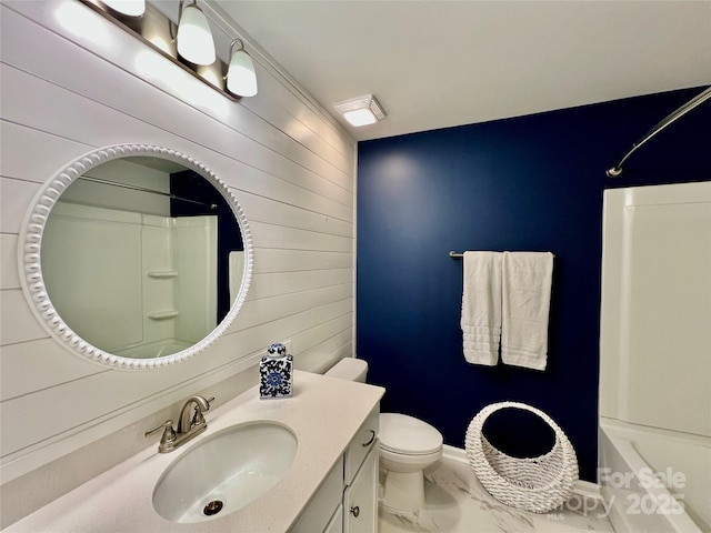 3619 Whitney Way, Terrell, NC 28682 - full bath with vanity, marble finish floor, toilet, wooden walls, and shower / washtub combination