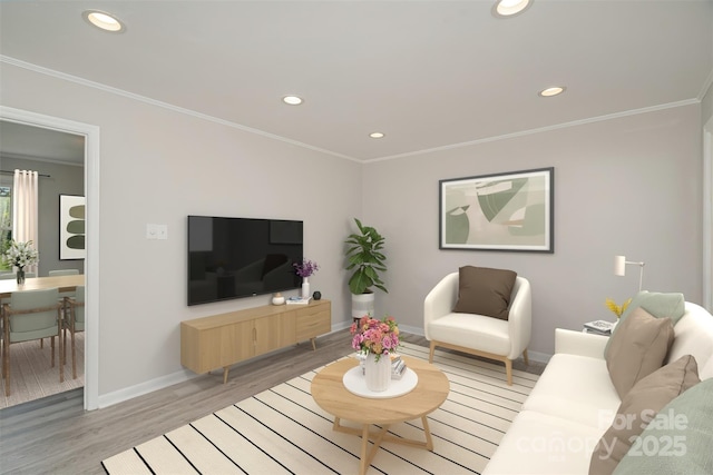 living room featuring crown molding, light wood-style flooring, baseboards, and recessed lighting