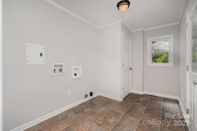 clothes washing area with baseboards, hookup for a washing machine, visible vents, electric panel, and laundry area