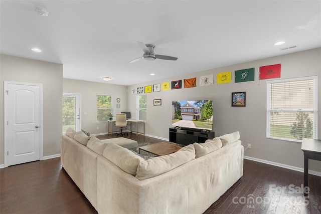 living area featuring ceiling fan, dark wood finished floors, recessed lighting, baseboards, and visible vents