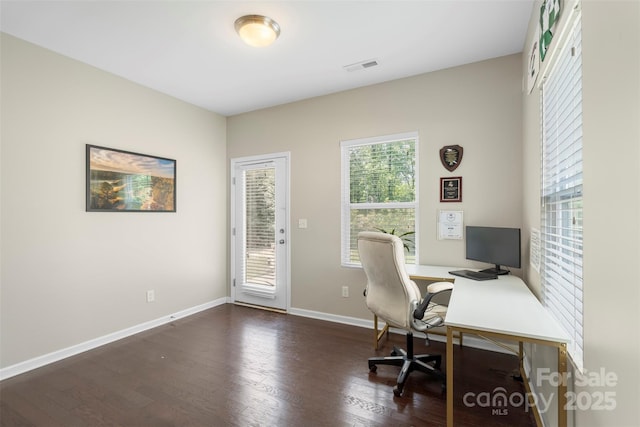 home office with visible vents, dark wood finished floors, and baseboards