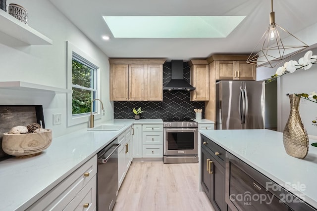 200 Kimrod Ln, Charlotte, NC 28270 - kitchen with wall chimney exhaust hood, stainless steel appliances, a sink, backsplash, and light wood finished floors