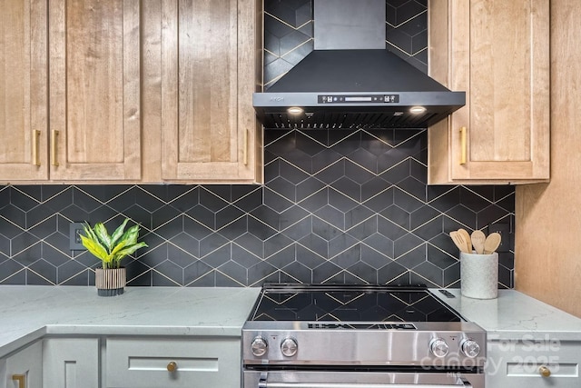 200 Kimrod Ln, Charlotte, NC 28270 - kitchen featuring wall chimney range hood, stainless steel range with electric stovetop, decorative backsplash, and light stone counters