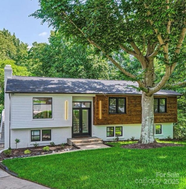 200 Kimrod Ln, Charlotte, NC 28270 - split foyer home featuring a front lawn, a chimney, and french doors