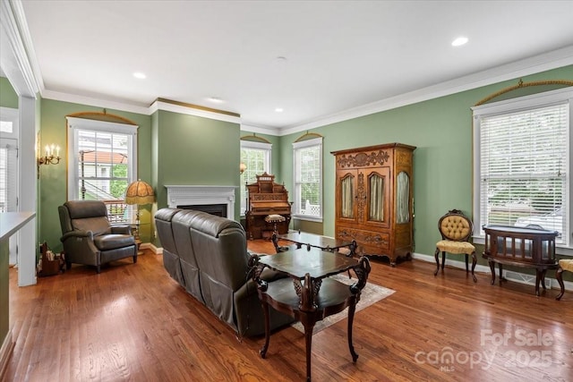living area featuring baseboards, recessed lighting, ornamental molding, a fireplace, and wood finished floors
