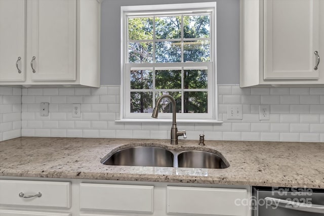1218 Faversham Ln, Rock Hill, SC 29730 - kitchen with dishwasher, white cabinets, backsplash, and light stone countertops