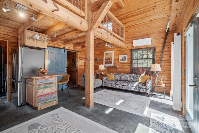 living room featuring an AC wall unit, wood walls, a barn door, and wood ceiling