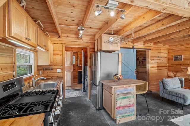 kitchen featuring wood walls, wooden ceiling, stainless steel appliances, and a sink