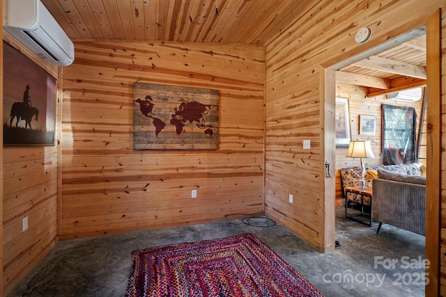 interior space with wood walls, a wall unit AC, and wooden ceiling