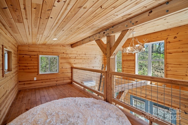 interior space featuring hardwood / wood-style floors, wooden ceiling, wood walls, and a chandelier