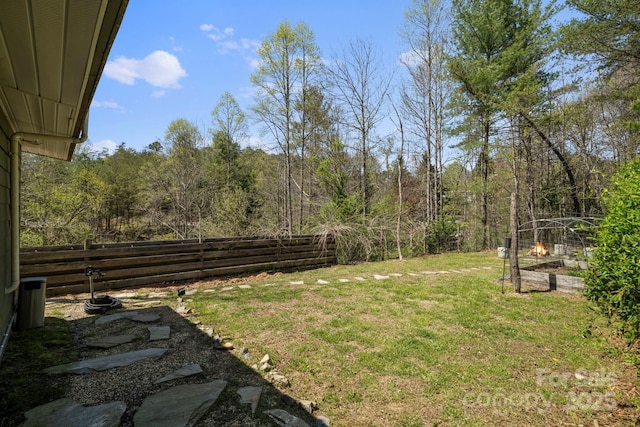 view of yard featuring a garden, a fenced backyard, and a wooded view
