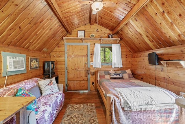 bedroom featuring wooden walls, wooden ceiling, vaulted ceiling with beams, and hardwood / wood-style flooring