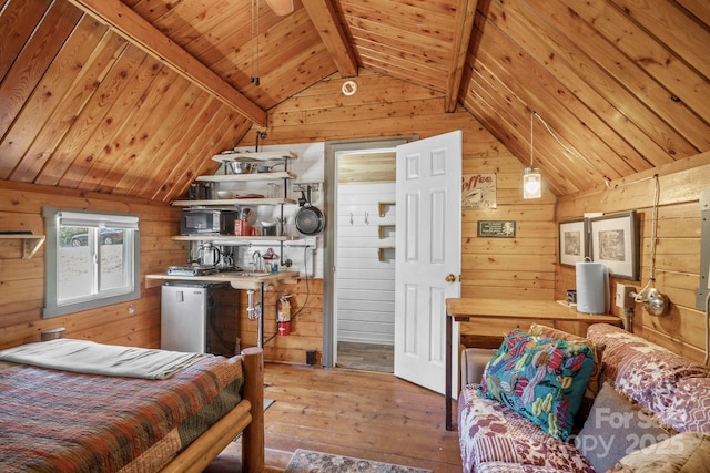 bedroom with wood walls, wooden ceiling, lofted ceiling with beams, and wood-type flooring