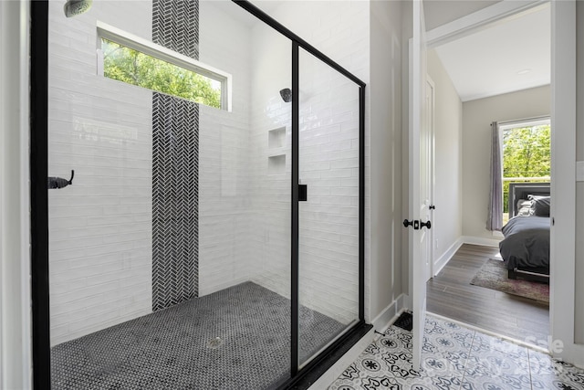 5028 Lewis Rd, Gastonia, NC 28052 - ensuite bathroom with a shower stall, baseboards, and wood finished floors