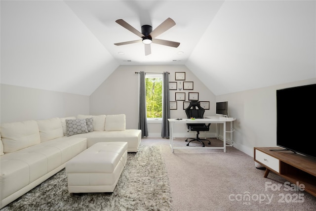 5028 Lewis Rd, Gastonia, NC 28052 - carpeted living area with vaulted ceiling, baseboards, an office area, and ceiling fan