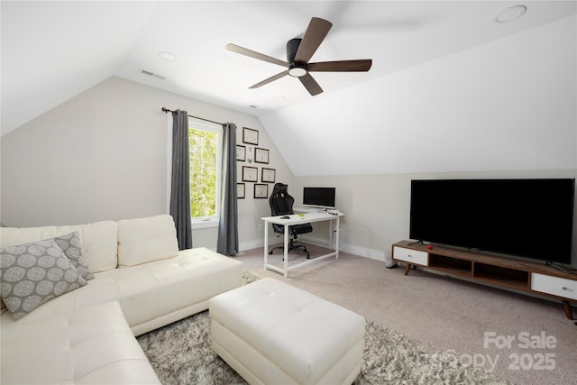 5028 Lewis Rd, Gastonia, NC 28052 - living area with lofted ceiling, a ceiling fan, baseboards, and carpet
