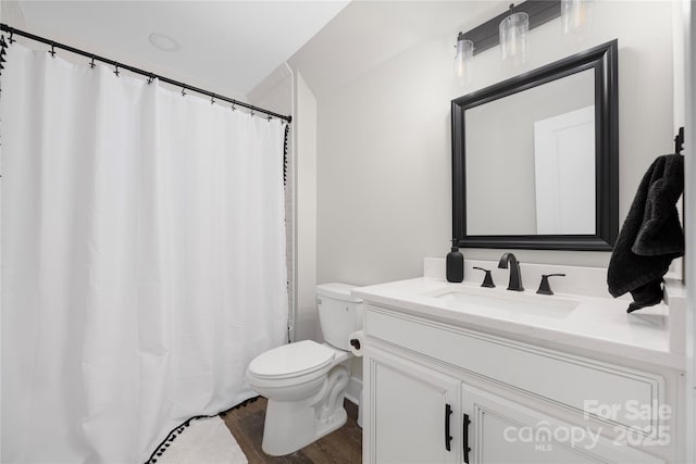 5028 Lewis Rd, Gastonia, NC 28052 - bathroom featuring wood finished floors, vanity, toilet, and curtained shower