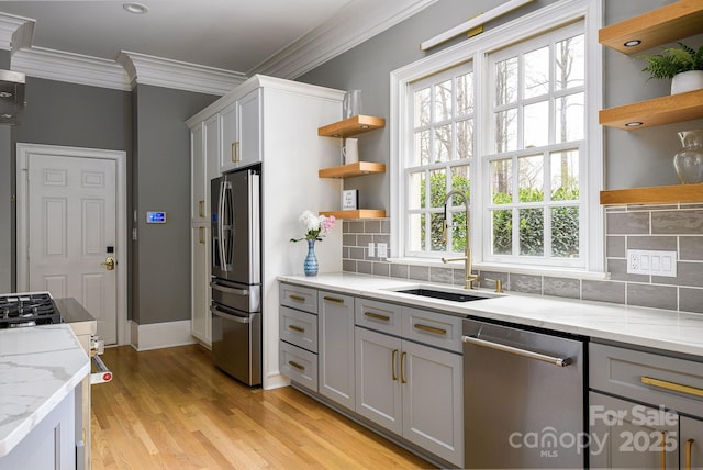 4324 Doverstone Ln, Greensboro, NC 27407 - kitchen with open shelves, a sink, appliances with stainless steel finishes, and ornamental molding