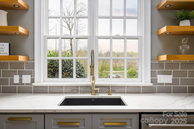 4324 Doverstone Ln, Greensboro, NC 27407 - details with a sink, decorative backsplash, open shelves, and light stone countertops