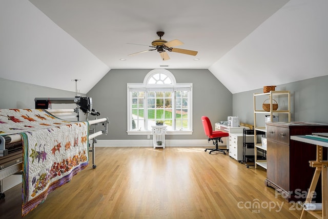 4324 Doverstone Ln, Greensboro, NC 27407 - bedroom featuring baseboards, ceiling fan, wood finished floors, and lofted ceiling