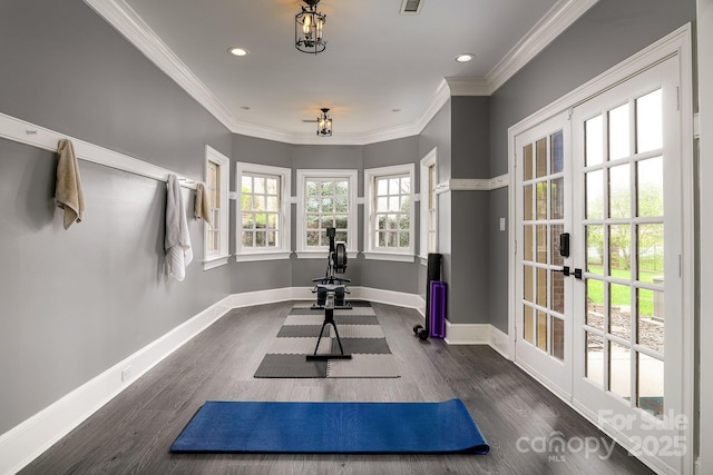 4324 Doverstone Ln, Greensboro, NC 27407 - exercise area with crown molding, baseboards, french doors, and wood finished floors