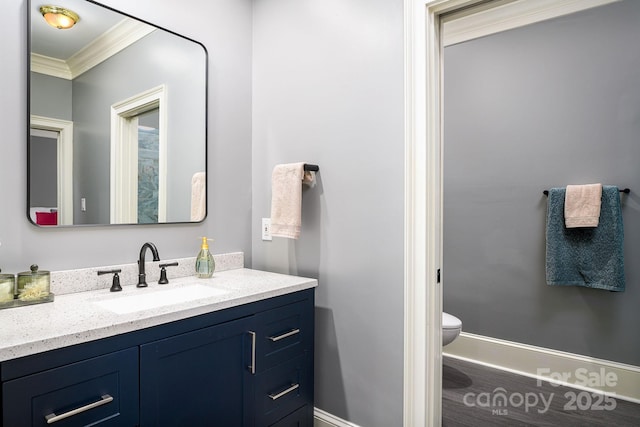 4324 Doverstone Ln, Greensboro, NC 27407 - bathroom featuring toilet, baseboards, ornamental molding, and vanity