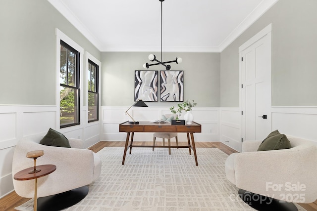 632 Dorothy Dr, Charlotte, NC 28203 - office with wood finished floors, crown molding, a wainscoted wall, and a decorative wall
