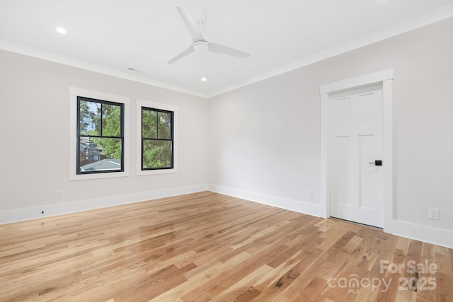 632 Dorothy Dr, Charlotte, NC 28203 - empty room with ornamental molding, light wood-style floors, baseboards, ceiling fan, and recessed lighting