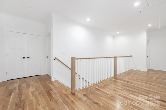632 Dorothy Dr, Charlotte, NC 28203 - hallway featuring attic access, an upstairs landing, light wood-type flooring, recessed lighting, and baseboards