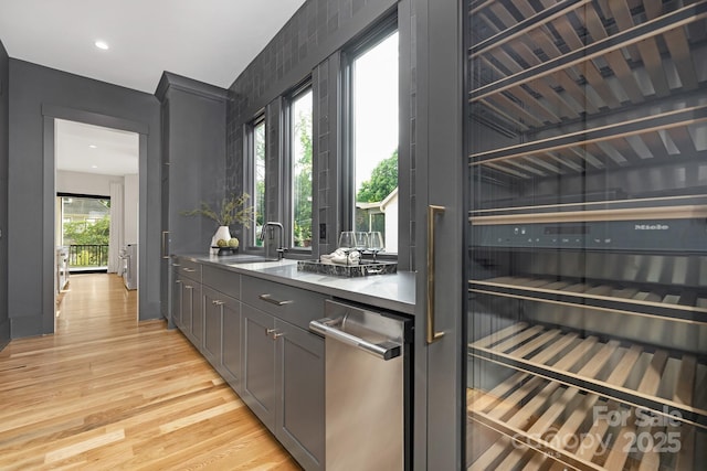 632 Dorothy Dr, Charlotte, NC 28203 - kitchen with light wood finished floors, a sink, gray cabinetry, and wine cooler