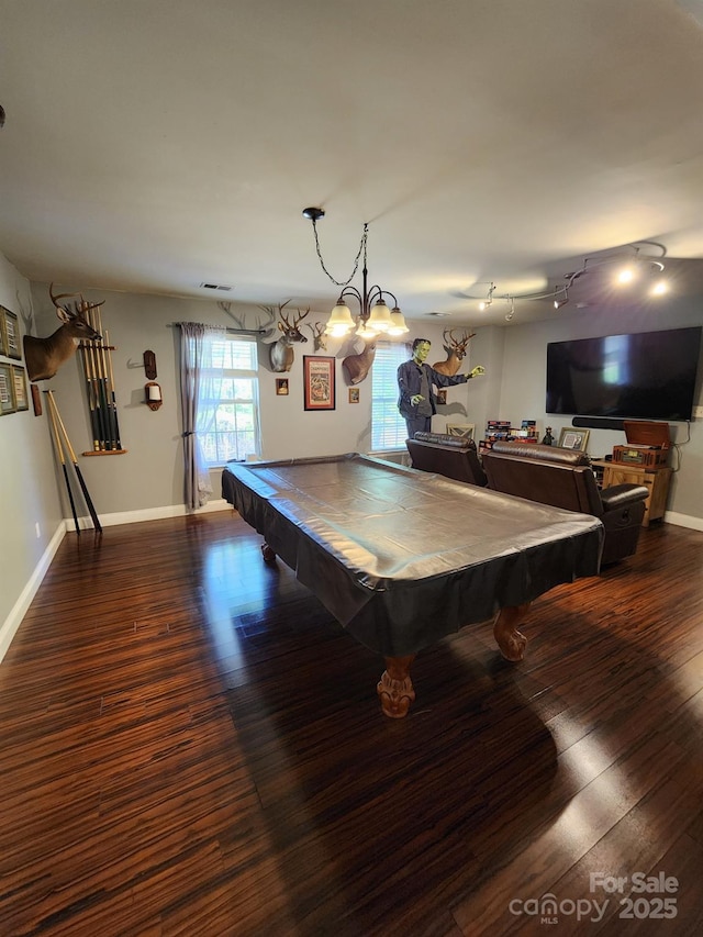 recreation room featuring baseboards, billiards, wood finished floors, and visible vents