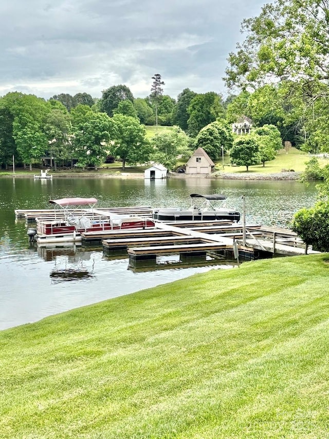 5933 Flintlock Ct, Hickory, NC 28601 - dock area featuring a water view and a lawn