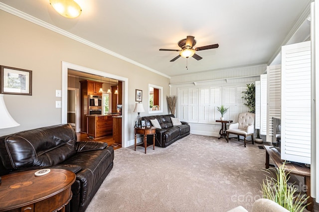 5933 Flintlock Ct, Hickory, NC 28601 - carpeted living area featuring ornamental molding, a ceiling fan, and baseboards