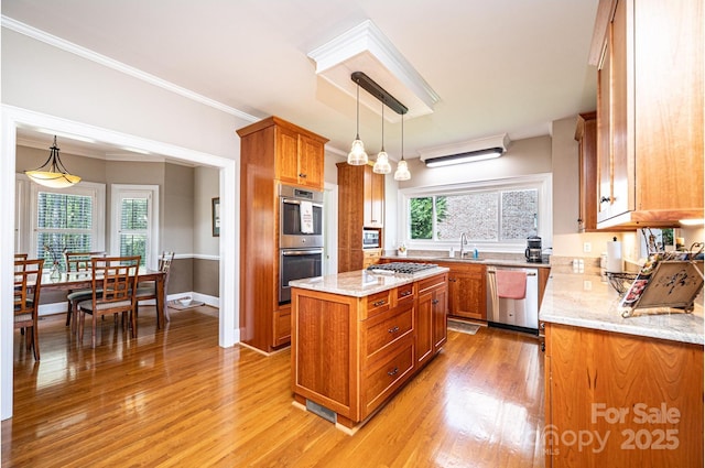 5933 Flintlock Ct, Hickory, NC 28601 - kitchen featuring stainless steel appliances, brown cabinetry, light wood-style flooring, plenty of natural light, and crown molding