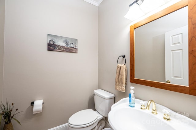 5933 Flintlock Ct, Hickory, NC 28601 - bathroom with a sink, toilet, crown molding, and baseboards